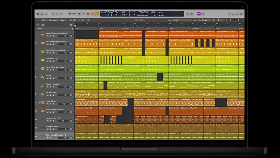 Сведение музыки и аудиозапись в Logic Pro на MacBook Pro
