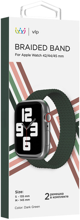 Ремешок нейлоновый плетёный VLP Braided Band для Apple Watch 45 S/M 2шт тёмно зелёный, Цвет: Green / Зеленый, изображение 2