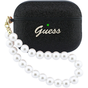 Чехол для Airpods Pro 3 Guess Glitter flakes Metal logo with Pearl hand strap Black
