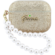 Чехол для Airpods Pro 3 Guess Glitter flakes Metal logo with Pearl hand strap Gold
