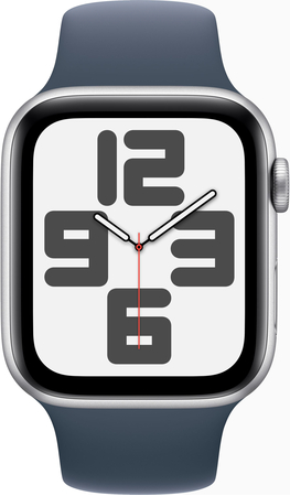 Apple Watch SE 2023, 44 мм, корпус из алюминия цвета «серебристый», спортивный ремешок цвета «грозовой синий», Экран: 44, Цвет: Silver / Серебристый, Возможности подключения: GPS, изображение 2
