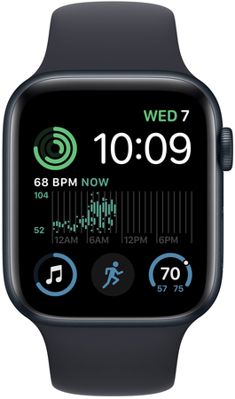 Apple Watch SE 2023, 44 мм, корпус из алюминия цвета «тёмная ночь», спортивный ремешок цвета «тёмная ночь», Экран: 44, Цвет: Midnight / Тёмная ночь, Возможности подключения: GPS, изображение 2
