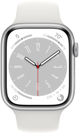 Apple Watch Series 8, 41 мм, корпус из алюминия цвета «серебристый», спортивный ремешок цвета «серебристый», изображение 2