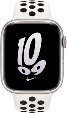 Apple Watch Series 8 Nike, 41мм, корпус из алюминия цвета "сияющая звезда", спортивный ремешок Nike черно-белого цвета, Экран: 41, Цвет: Starlight / Сияющая звезда, Возможности подключения: GPS, изображение 2