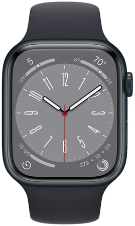 Apple Watch Series 8, 41 мм, корпус из алюминия цвета «тёмная ночь», спортивный ремешок цвета «тёмная ночь», Экран: 41, Цвет: Midnight / Тёмная ночь, Возможности подключения: GPS, изображение 2