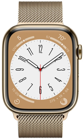 Apple Watch Series 8, 41 мм, корпус из нержавеющей стали цвета «золотой», миланский ремешок цвета «золотой», Экран: 41, Цвет: Gold / Золотой, Возможности подключения: GPS + Cellular, изображение 2