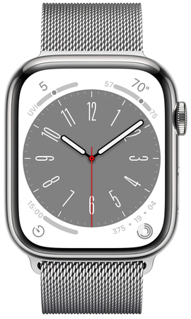 Apple Watch Series 8, 41 мм, корпус из нержавеющей стали цвета «серебристый», миланский сетчатый браслет цвета «серебристый», Экран: 41, Цвет: Silver / Серебристый, Возможности подключения: GPS + Cellular, изображение 2