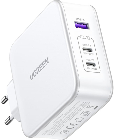 Сетевое зарядное устройство UGREEN CD289 (15339) Nexode 140W USB-A+2*USB-C GaN Fast Charger with USB-C-USB-C с кабелем USB-C к USB-C. белый, изображение 4