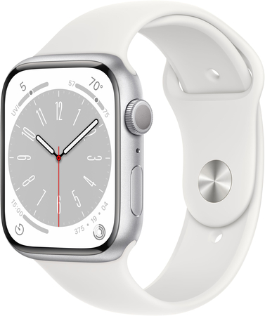 Apple Watch Series 8, 41 мм, корпус из алюминия цвета «серебристый», спортивный ремешок цвета «серебристый»