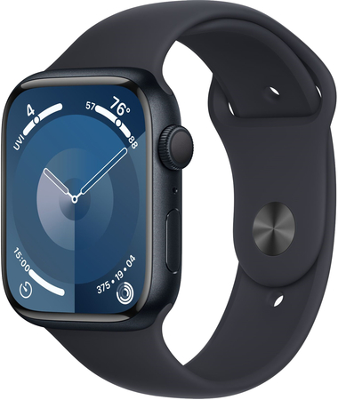 Apple Watch Series 9, 45 мм, корпус из алюминия цвета «тёмная ночь», спортивный ремешок цвета «тёмная ночь», Экран: 45, Цвет: Midnight / Тёмная ночь