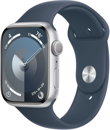 Apple Watch Series 9, 45 мм, корпус из алюминия серебристого цвета, спортивный ремешок цвета «грозовой синий», Экран: 45, Цвет: Silver / Серебристый