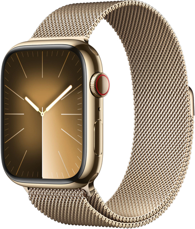 Apple Watch Series 9, 45 мм, корпус из нержавеющей стали цвета «золотой», миланский сетчатый ремешок, Экран: 45, Цвет: Gold / Золотой