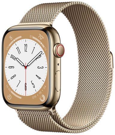 Apple Watch Series 8, 41 мм, корпус из нержавеющей стали цвета «золотой», миланский ремешок цвета «золотой», Экран: 41, Цвет: Gold / Золотой, Возможности подключения: GPS + Cellular