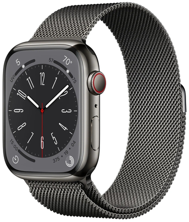 Apple Watch Series 8, 41 мм, корпус из нержавеющей стали цвета «графит», миланский сетчатый ремешок цвета «графит», Экран: 41, Цвет: Graphite / Графитовый, Возможности подключения: GPS + Cellular