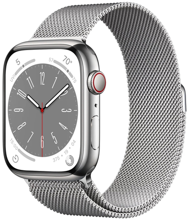 Apple Watch Series 8, 41 мм, корпус из нержавеющей стали цвета «серебристый», миланский сетчатый браслет цвета «серебристый», Экран: 41, Цвет: Silver / Серебристый, Возможности подключения: GPS + Cellular