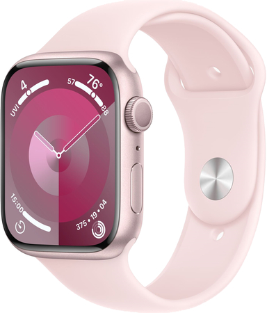 Apple Watch Series 9, 45 мм, корпус из алюминия розового цвета, спортивный ремешок нежно-розового цвета, Экран: 45, Цвет: Pink / Розовый