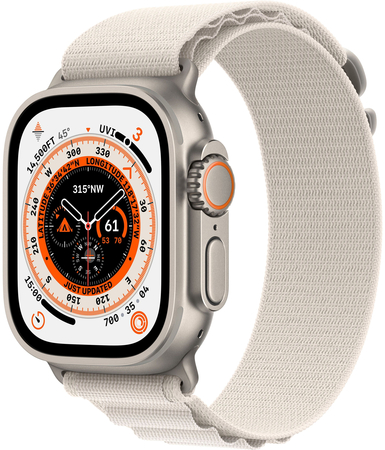 Apple Watch Series Ultra 49mm Titanium Case With Starlight Alpine Loop, Цвет: Starlight / Сияющая звезда, Возможности подключения: GPS + Cellular