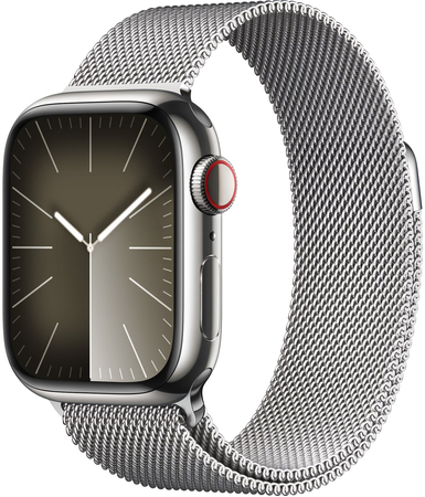Apple Watch Series 9, 41 мм, корпус из нержавеющей стали цвета "серебристый", миланский сетчатый ремешок цвета "серебристый", Экран: 41, Цвет: Silver / Серебристый