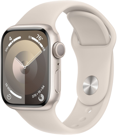 Apple Watch Series 9, 41 мм, корпус из алюминия цвета «сияющая звезда», спортивный ремешок цвета «сияющая звезда», размер S/M, Экран: 41, Цвет: Starlight / Сияющая звезда
