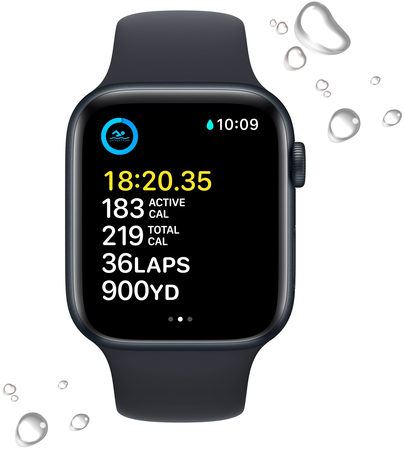 Apple Watch SE 2023, 40 мм, корпус из алюминия цвета «тёмная ночь», спортивный ремешок цвета «тёмная ночь», Экран: 40, Цвет: Midnight / Тёмная ночь, Возможности подключения: GPS, изображение 3