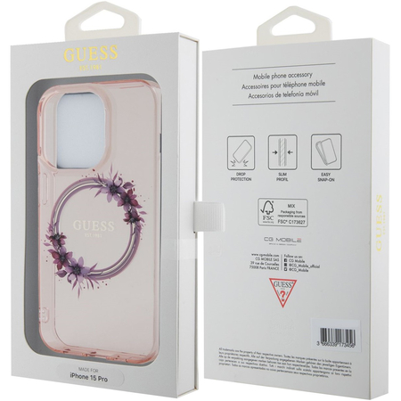 Чехол для iPhone 15 Pro Guess PC/TPU Flowers Wreath Hard Pink (MagSafe), Цвет: Pink / Розовый, изображение 7