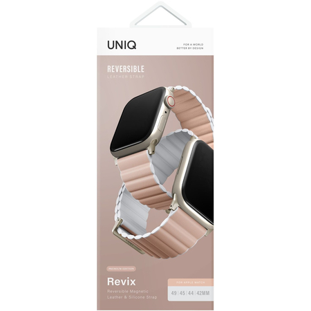 Ремешок для Apple Watch 49/45/44/42 mm Uniq Revix Premium Ed. Leather/Silicone Blush Pink/White, изображение 3
