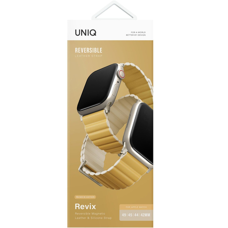 Ремешок для Apple Watch 49/46/45/44 mm Uniq Revix Premium Ed. Leather/Silicone Canary Yellow/Ivory, изображение 3