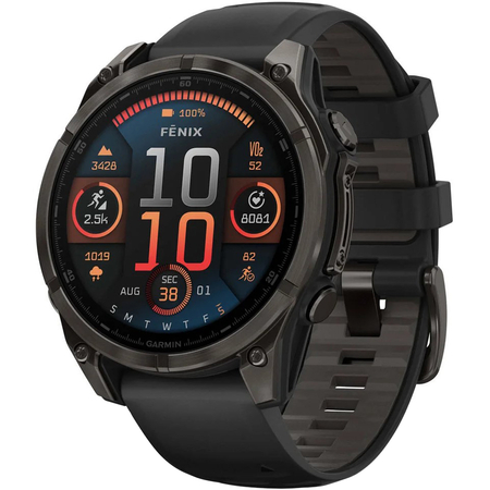 Garmin Fenix 8 47mm Amoled Sapphire Carbon Gray DLC Titanium with Black Silicone, Экран: 47, Цвет: Black / Черный