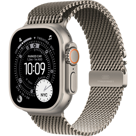 Apple Watch Ultra 3 GPS + Cellular, 49 мм, корпус из бежевого титана, ремешок Milanese бежевого цвета, Экран: 49, Цвет: Natural Titanium