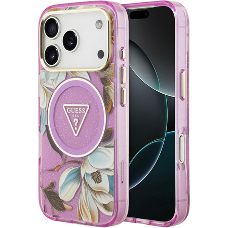 Чехол для iPhone 17 Pro Guess IML Glitter Flowers Triangle logo Metal Cam Hard Purple, изображение 7