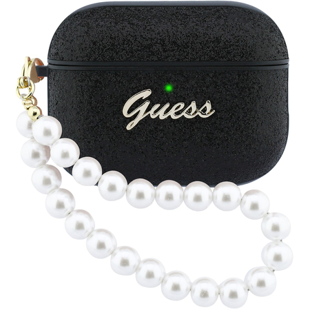 Чехол для Airpods Pro 3 Guess Glitter flakes Metal logo with Pearl hand strap Black