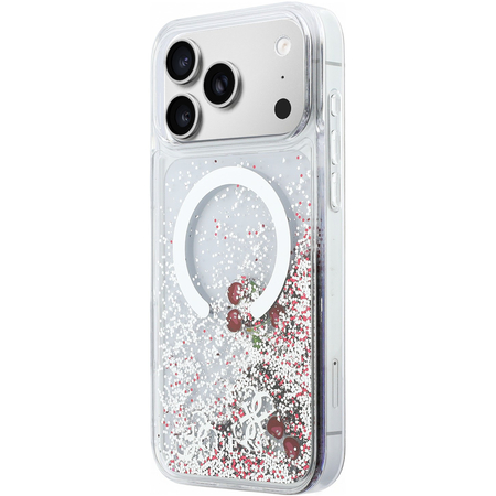 Чехол для iPhone 17 Pro Max Guess Liquid Glitter Cherries and 4G Charms Hard Silver, изображение 2