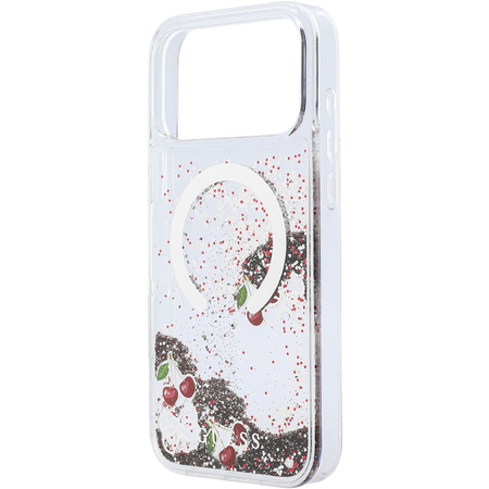 Чехол для iPhone 17 Pro Max Guess Liquid Glitter Cherries and 4G Charms Hard Silver, изображение 5
