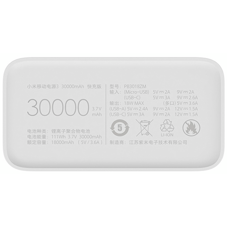Внешний аккумулятор Xiaomi Power Bank 3 30000 mAh Белый, изображение 3