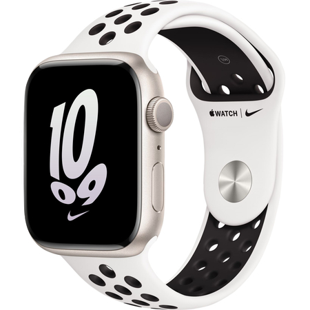 Apple Watch Series 8 Nike, 41мм, корпус из алюминия цвета "сияющая звезда", спортивный ремешок Nike черно-белого цвета