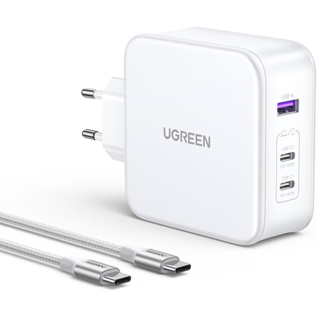 Сетевое зарядное устройство UGREEN CD289 (15339) Nexode 140W USB-A+2*USB-C GaN Fast Charger with USB-C-USB-C с кабелем USB-C к USB-C. белый, изображение 3