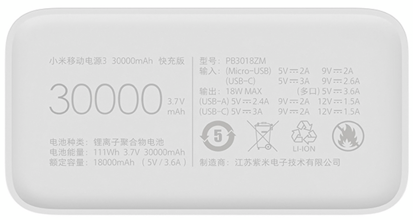 Внешний аккумулятор Xiaomi Power Bank 3 30000 mAh Белый, изображение 3